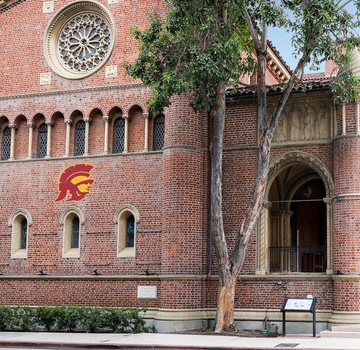 Curbside view of the USC Dramatic Arts Building