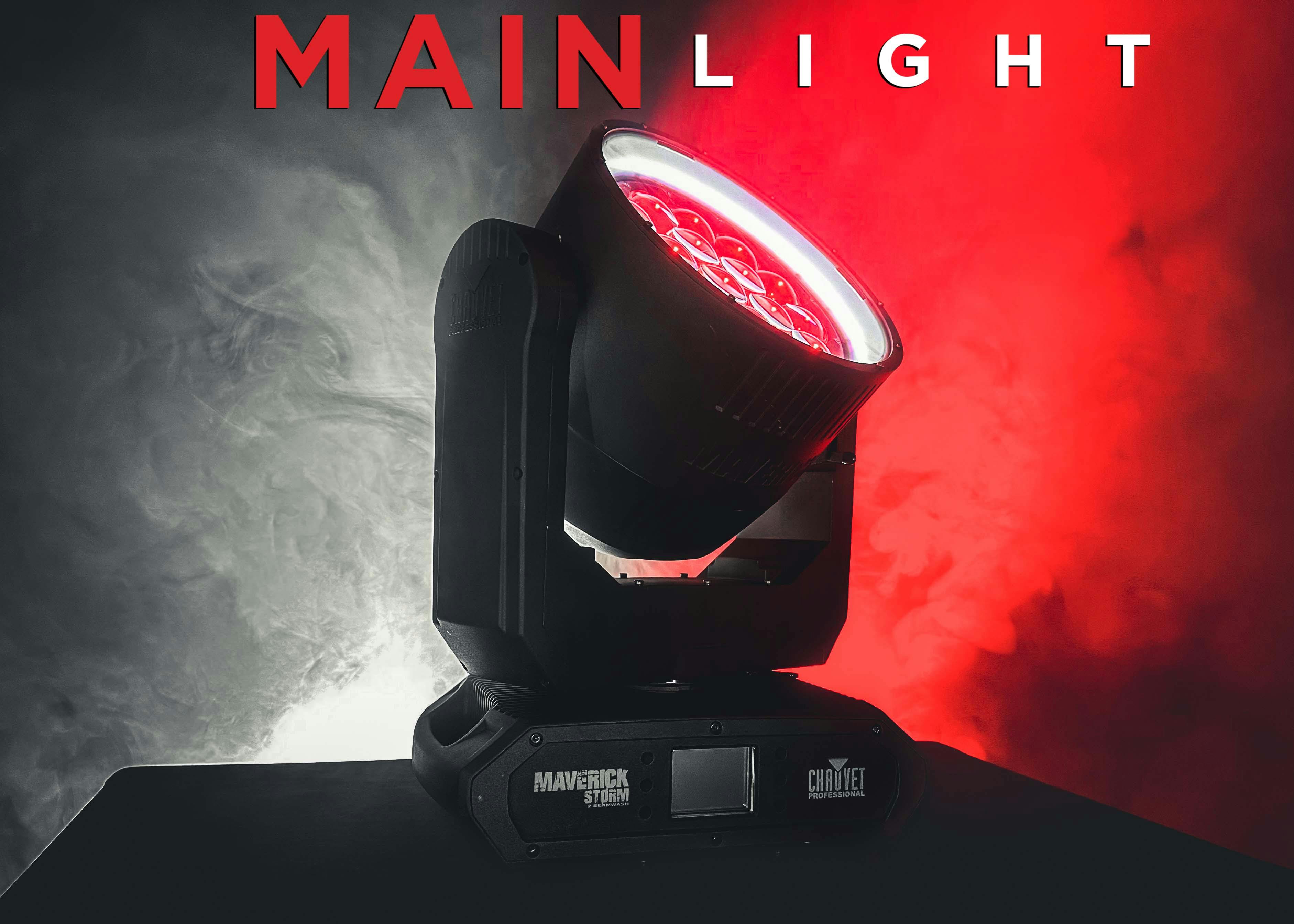 Chauvet Maverick Storm 2 BeamWash on top of a case shining red and white light in front of a back ground of haze.